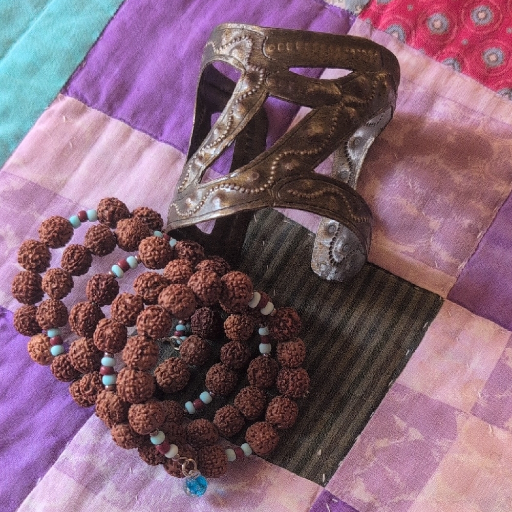 Gypsy beaded wrap bracelet, metal cuff, two hippie boho bracelets